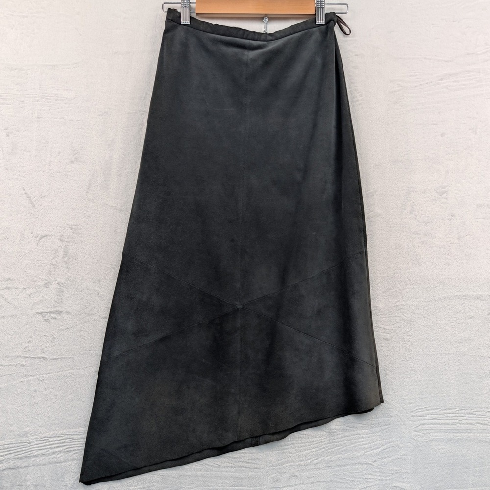 VTG Banana Republic Skirt Women's 4 Black Suede Leather Asymmetric Hem Midi Y2K